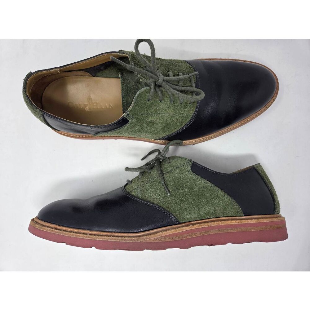 COLE HAAN CHRISTY WEDGE SADDLE BLACK GREEN SUEDE OXFORD SHOES 10 VIBRAM